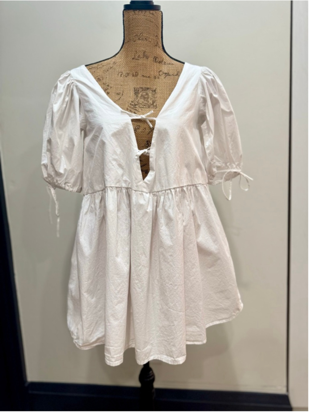 White Puff-Sleeve Mini Dress with Tie Front